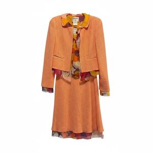 Chanel Spring 2001 Runway Coral Bouclé 3 Piece Set Floral Silk Trim 38/40  US 6